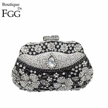 Gift Box Vintage Black Flowers Women Handbags Minaudiere Rhinestones Wedding Bridal Purses Crystal Diamond Clutches Evening Bags