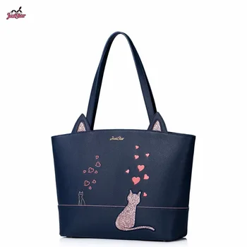 Just Star Brand New Design Fashion Cats Ears Love Embroidery Casual Women PU Leather Girls Ladies Handbag Shoulder Tote Bags