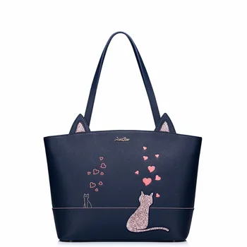 Just Star Brand New Design Fashion Cats Ears Love Embroidery Casual Women PU Leather Girls Ladies Handbag Shoulder Tote Bags