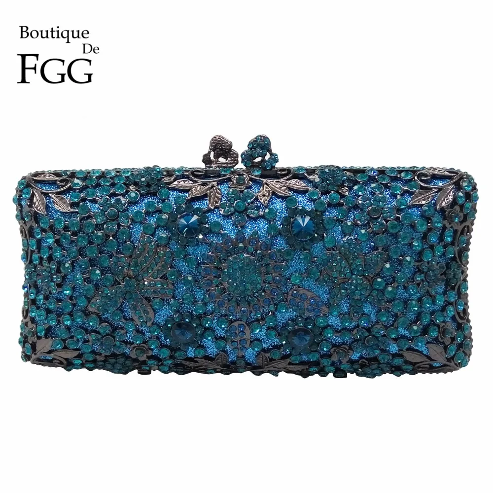 Turquoise Blue Women Mini Crystal Diamond Metal Box clutch Evening Bag Bridal Wedding Party Dinner Chain Shoulder Handbag Purse