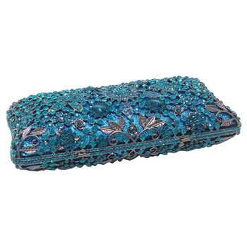 Turquoise Blue Women Mini Crystal Diamond Metal Box clutch Evening Bag Bridal Wedding Party Dinner Chain Shoulder Handbag Purse