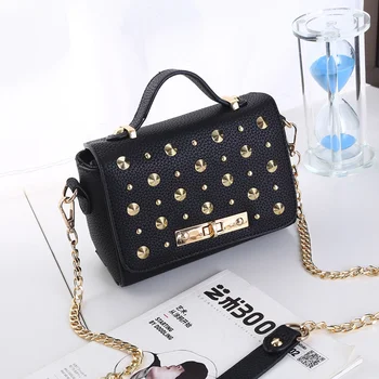 Black Small Rectangle PU Women Shoulder Bag Handbag Crossbody Messenger Rivets Decoration Ajustable Straps