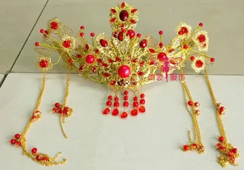 Red Gold Bride Wedding Hair Tiaras Ancient Chinese Empress Hair Piece 01