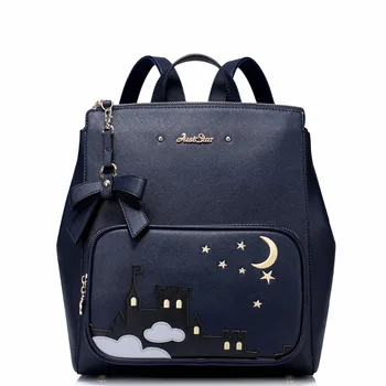 Just Star Brand Design Embroidery Castle Collage Bow Casual PU Women Leather Girls Ladies Backpack Travel School Shoulders Bags