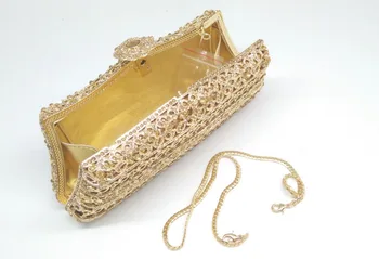Ladies Vintage Gold Plated PU Lining Copper Snake Chains Rhinestones Hard Metal Evening Bag Crystal Brides Clutches Wedding Bag