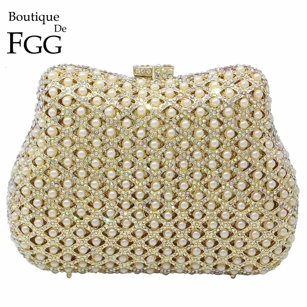 Elegant Hollow Out Women Beaded Crystal Gold Evening Metal Clutches Handbags Bridal Purse Hard Case Wedding Chain Shoulder Bag