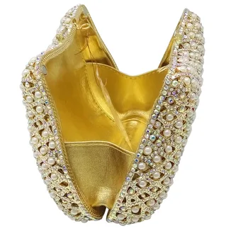 Elegant Hollow Out Women Beaded Crystal Gold Evening Metal Clutches Handbags Bridal Purse Hard Case Wedding Chain Shoulder Bag
