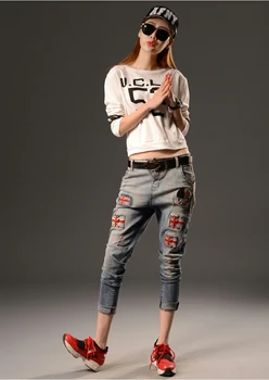 New Autumn High Waist Stretch Female Skull Embroidery Vintage Jeans Destroyed Women Female Long Flag Trousers GY8653
