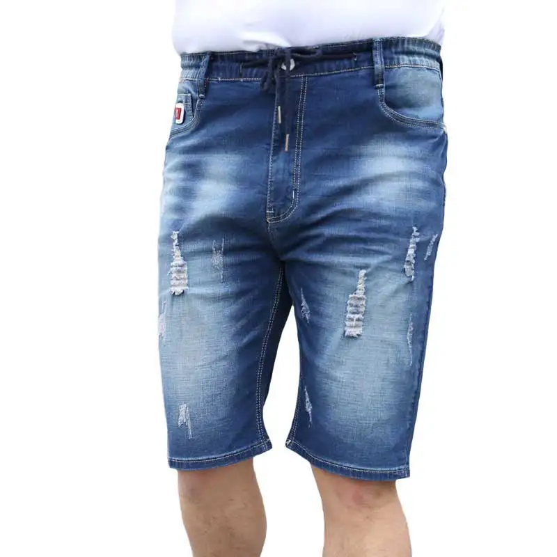 Men's Drawstring Stretch Hight Waist Shorts Jeans Ripped Calf Length Holes Denim Shorts Summer Large Plus Size XXL-6XL(36-50)