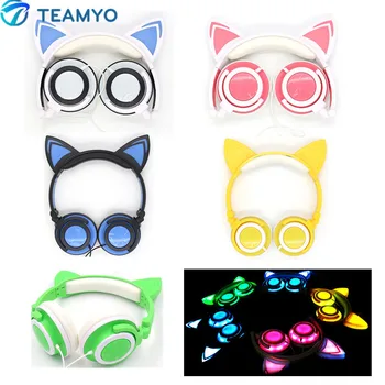 Teamyo Flashing Glowing Cat Ear Headphones Foldable Stereo headphone Gaming Headset With Led Light For iPhone Samsung Xiaomi PC