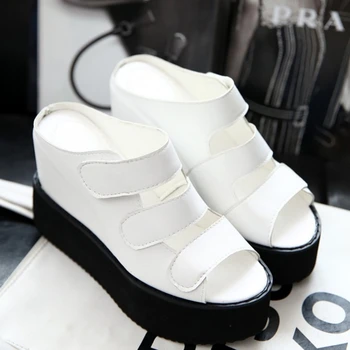 BONJOMARISA Newest Women High Heel Wedge Shoes Woman Slip On Open Toe Thick Platform Black White Sandals
