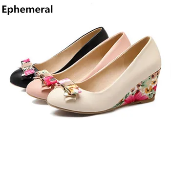 Female's Retro Applique Floral Bow Wedges Chunky High Heels Round toe Shoes Women Plus size Pumps 34- 43 Matching Shoes And Bag