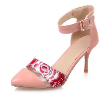 Summer Style Fashion Pointed Toe Women Pumps New Floral High Heels Sexy Ankle Wrap Ladies Wedding Sexy Shoes Size 30-45 PA00786