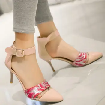 Summer Style Fashion Pointed Toe Women Pumps New Floral High Heels Sexy Ankle Wrap Ladies Wedding Sexy Shoes Size 30-45 PA00786