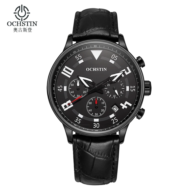 Ochstin Chronograph Casual Watch Men Luxury Brand Quartz Military Sport Watch Genuine Leather Men's Wristwatch relogio masculino