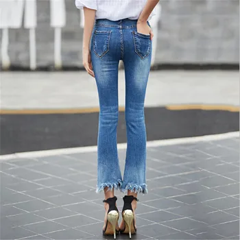 2017 Jeans For Women Flare Stretch Skinny Woman Hole Denim Tassel Ripped Blue Female Pants Calca Jeans Femme Plus Size 26-32