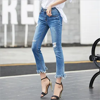 2017 Jeans For Women Flare Stretch Skinny Woman Hole Denim Tassel Ripped Blue Female Pants Calca Jeans Femme Plus Size 26-32