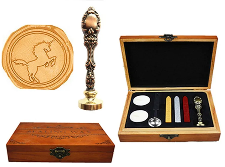 Vintage Cool Unicorn Hors Custom Luxury Wax Seal Sealing Stamp Brass Peacock Metal Handle Sticks Melting Spoon Wood Gift Box Set