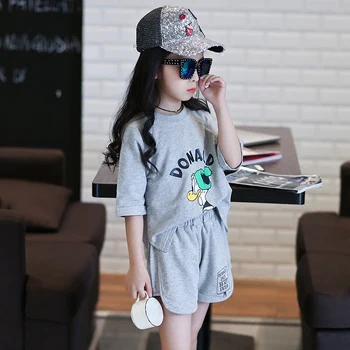 Sport Suit For Baby Girls 4 5 6 7 8 9 10 11 12 13 Years School Wear Cartoon Casual Summer Clothes Set Shirt + Shorts 2pcs Suit