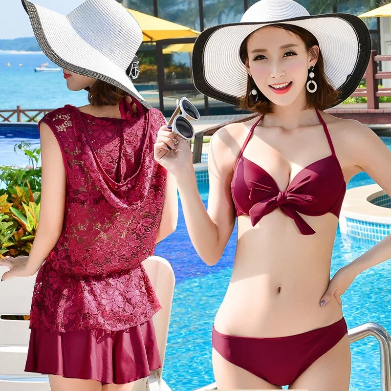 New Size Chest Gather Sexy Four-piece Swimsuit Sexy Woman Pull Long Legs Gold Proportion Beach Hot Spring Pure Color Swimsuit