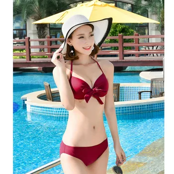 New Size Chest Gather Sexy Four-piece Swimsuit Sexy Woman Pull Long Legs Gold Proportion Beach Hot Spring Pure Color Swimsuit