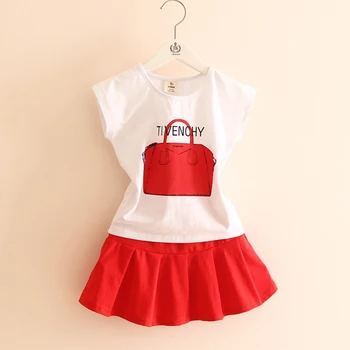 Girls T Shirt Fashion Bags Pattern Tshirt Kids+Girls Skirt Solid Summer New Baby Clothing Girl Fashion Children Clothing 2272