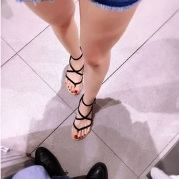 New Summer Women Sandals Flat Shoes Buckle Strap Cross Tied Roman Sandals Bandage Suede Leather Flip Flops Black Plus Size