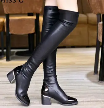 2016 Fashion PU Leather Over Knee Boots Women Sequined Toe Elastic Stretch Thick Heel Thigh High Riding Boots Big plus Size 019