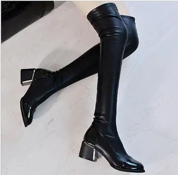 2016 Fashion PU Leather Over Knee Boots Women Sequined Toe Elastic Stretch Thick Heel Thigh High Riding Boots Big plus Size 019