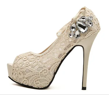 Women Pumps Silver Rhinestone Wedding Shoes Sexy Lace Peep Toe HIgh Heels Platform Bridal Shoes Zapatos Mujer Female
