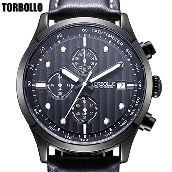 2017 New TORBOLLO Genuine Leather Strap Black Dial Chronograph Men Watch Men's Sports Quartz Watches relogio