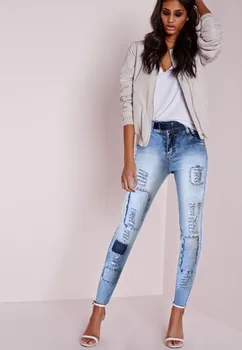 2016 Hot Fashion Ladies Cotton Denim Pants Stretch Womens Bleach Ripped Knee Skinny Jeans Denim Jeans For Female