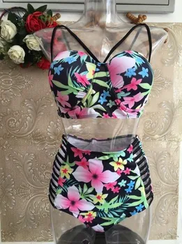 2017 New Floral Print High Waist Swimsuit Push Up Bikini Plus Size Swimwear Women Cut Out Bikinis For Famme Large Sizes 4XL