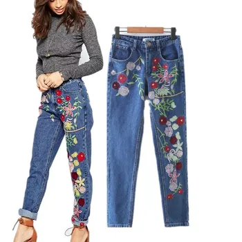 MLIYOYA Fashion Vintage Floral Embroidery Jeans Women Spring Summer All Match Slim Denim Pants Casual Loose Straight Trousers