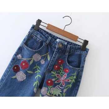 MLIYOYA Fashion Vintage Floral Embroidery Jeans Women Spring Summer All Match Slim Denim Pants Casual Loose Straight Trousers