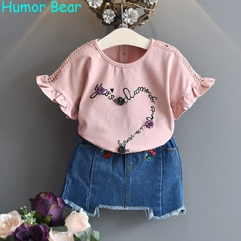 Humor Bear Kids clothes NEW 2017 Summer Fashion Style Flowers T-Shirt + Cowboy Dress 2Pcs Girls Clothes Sets Kids Clothes