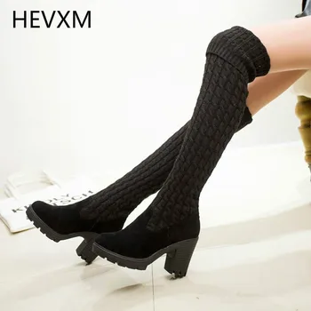 HEVXM 2017 New Hot Autumn Winter Warm high heels pumps artificial nubuck leather casual female over the knee Knitting shoes