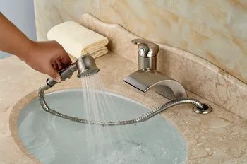 Luxury LED Light Widespread Waterfall Bathtub Tub Mixer Taps Deck Mount 3PCS Bathroom Faucet Taps Brushed Nickel