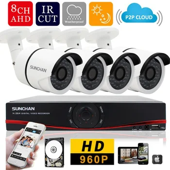 Sunchan 1.3MP Surveillance 8 Channel 720P DVR 960P CCTV Camera System Kit 8 Channel AHD Waterproof Outdoor Security System 1TB