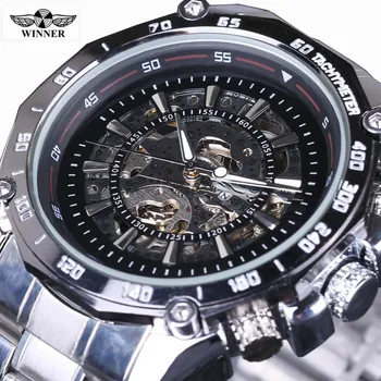 2016 New Winner Hollow Engraving Skeleton Casual Designer steel Case Gear Bezel Watches Men Luxury Brand Automatic Watches