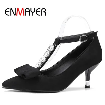 ENMAYER T-Strap Pumps Shoes Woman Spring&Antumn High Heels Bowknot Bowtie Pointed Toe Crystal Size 34-43 Casual Dress Shoes