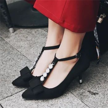 ENMAYER T-Strap Pumps Shoes Woman Spring&Antumn High Heels Bowknot Bowtie Pointed Toe Crystal Size 34-43 Casual Dress Shoes