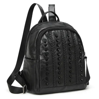 Genuine leather backpack women small black leather sheepskin backpack for ladies punk bag rivet women stylish backpack
