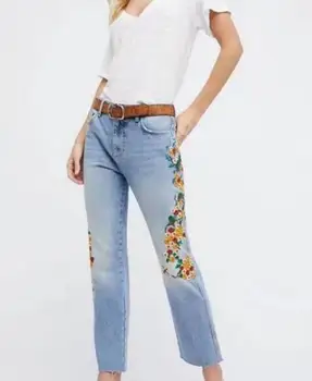 WISHBOP 2017 NEW WOMAN SUMMER Denim Jeans Sides with Flowers Birds Embroidered Cropped Trousers Frayed Hem WITH POCKETS