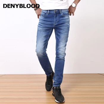 Denyblood Jeans 2017 Spring Summer Mens High Stretch Knitted Denim Pants Distressed Jeans Ripped Slim Straight Trousers 7206