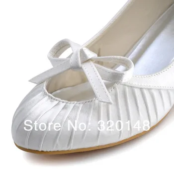 Shoes Woman EP2057 White Size 41 Almond Toe Satin Bowknot Low Heel Bridal Evening Party Flat Shoes Woman Shoes Wedding Shoes