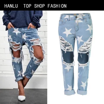 HANLU Big Hole wide Jeans Women With Five-pointed Star Ripped Jeans Light Blue Denim Pants boyfriend jeans for women