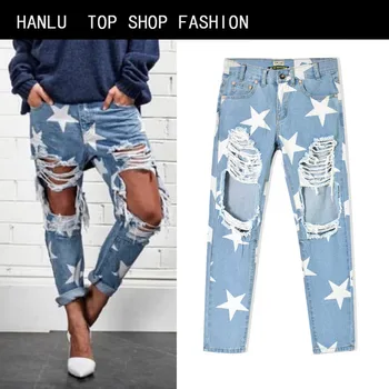 HANLU Big Hole wide Jeans Women With Five-pointed Star Ripped Jeans Light Blue Denim Pants boyfriend jeans for women