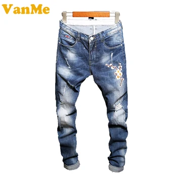 2017 Men's Ninth Cowboy Jeans New Arrived In Summer with Big Embroidery Hole Washed Mens Blue Jeans Man Trousers