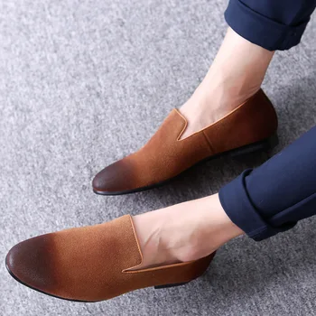 Fashion Design Slip On Loafer Shoes Men Black Round Toe Brush Color Grey Leisure Shoes Man Suede Leather Shoes For Adult 38-44